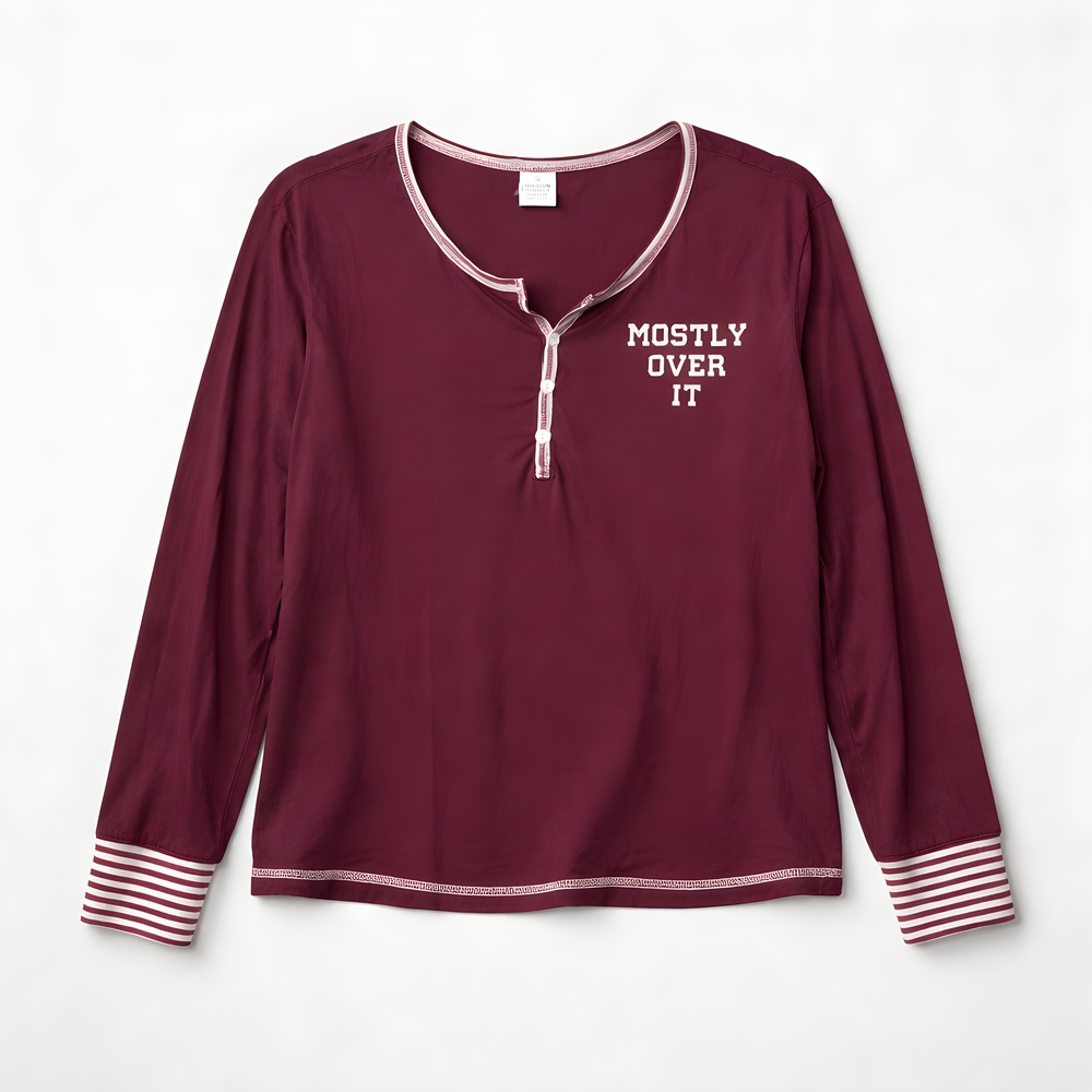 LOUNGE WEAR 3X 100% Cotton Casual Burgundy Long Sleeve Blouse Pj Top